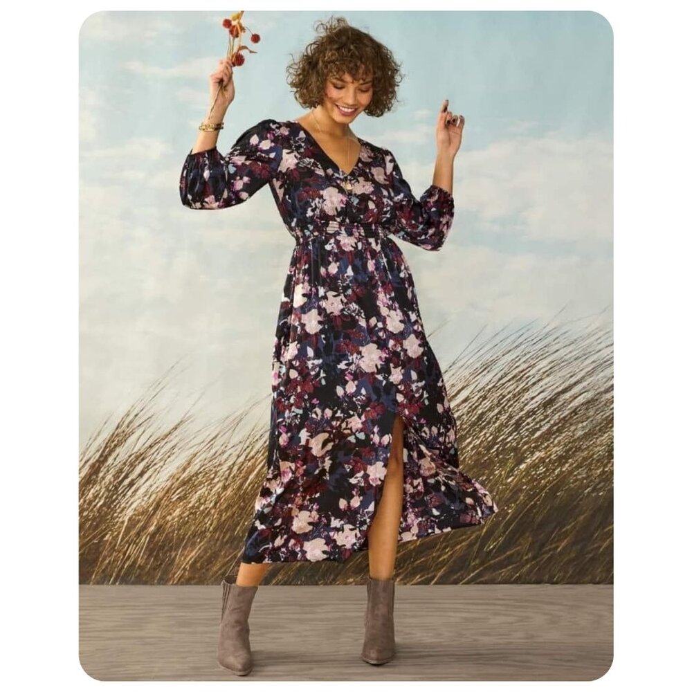 !! Studio 1886 Floral Satin V-Neck 3/4 Sleeve Dress sz S 4 / 6